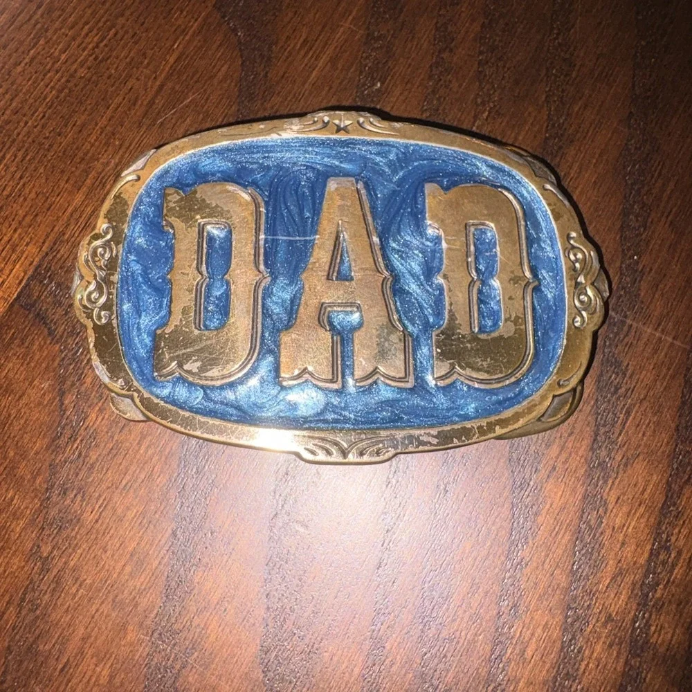 Vintage DAD Belt Buckle Blue Enamel Brass Tone Father's‎ Day Gift